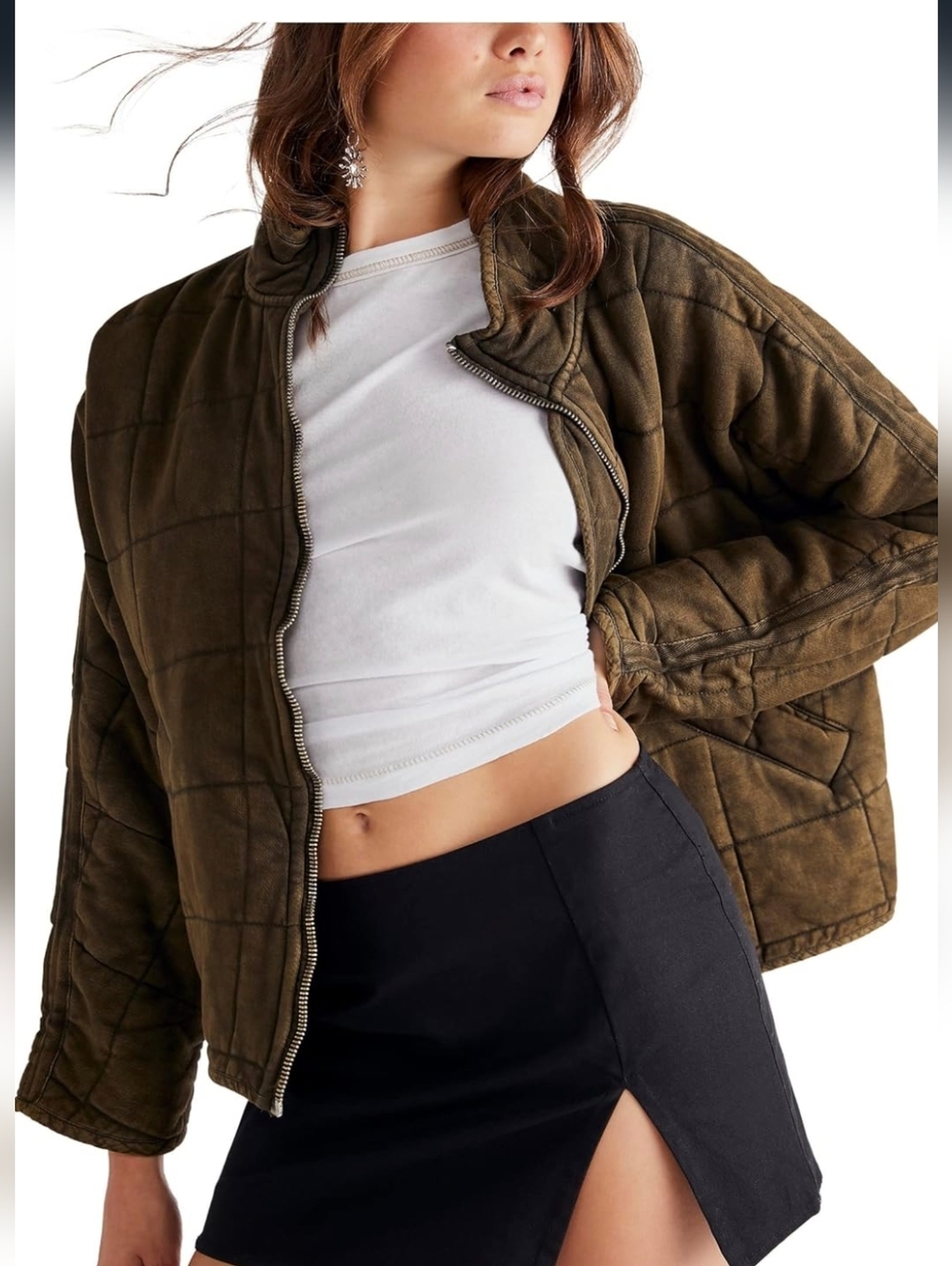 Free People Womens’ Dolman Quilted Knit Jacket Dusted Military